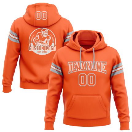 Custom Team Name Number Pullover Hoodie Sweatshirt - Personalized Orange White Gray Football Design Personalized Stitched