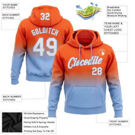 Custom Team Hoodie with Personalized Name and Number - Orange White-Light Blue Fade Pullover Sweatshirt Fashion Sports Apparel