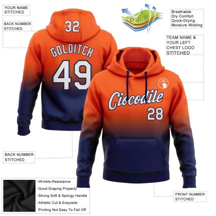 Custom Team Pullover Hoodie Sweatshirt with Stitched Name & Number, Orange White-Navy Fade Fashion Design Personalized Stitched