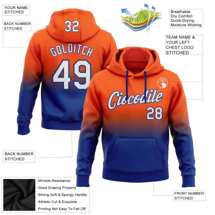 Custom Name and Number Sports Hoodie for Teams - Personalized Stitched Orange White-Royal Fade Pullover Sweatshirt Personalized