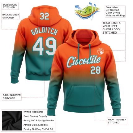 Custom Team Name Number Pullover Sweatshirt Hoodie - Personalized Stitched Orange White Teal Fade Fashion Sports Apparel