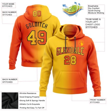 Custom Sports Hoodie with Name and Number - Personalized Orange Yellow-Black Gradient Pullover Sweatshirt Personalized Stitched