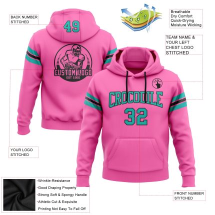 Custom Name Number Football Sweatshirt Hoodie - Personalized Stitched Pink Aqua-Black Team Pullover Personalized Stitched