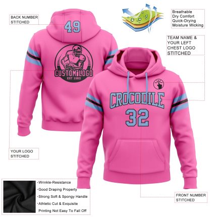 Custom Team Name Number Hoodie - Personalized Stitched Pink Light Blue Black Football Pullover Sweatshirt Personalized Stitched