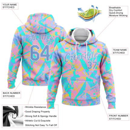 Custom Name & Number 3D Pattern Gradient Sports Hoodie Pullover Sweatshirt - Personalized Stitched Pink Light Blue-White Design