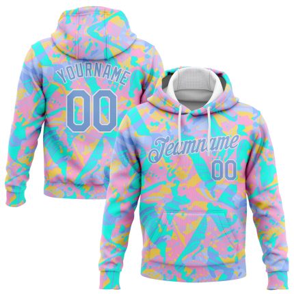 Custom Name & Number 3D Pattern Gradient Sports Hoodie Pullover Sweatshirt - Personalized Stitched Pink Light Blue-White Design