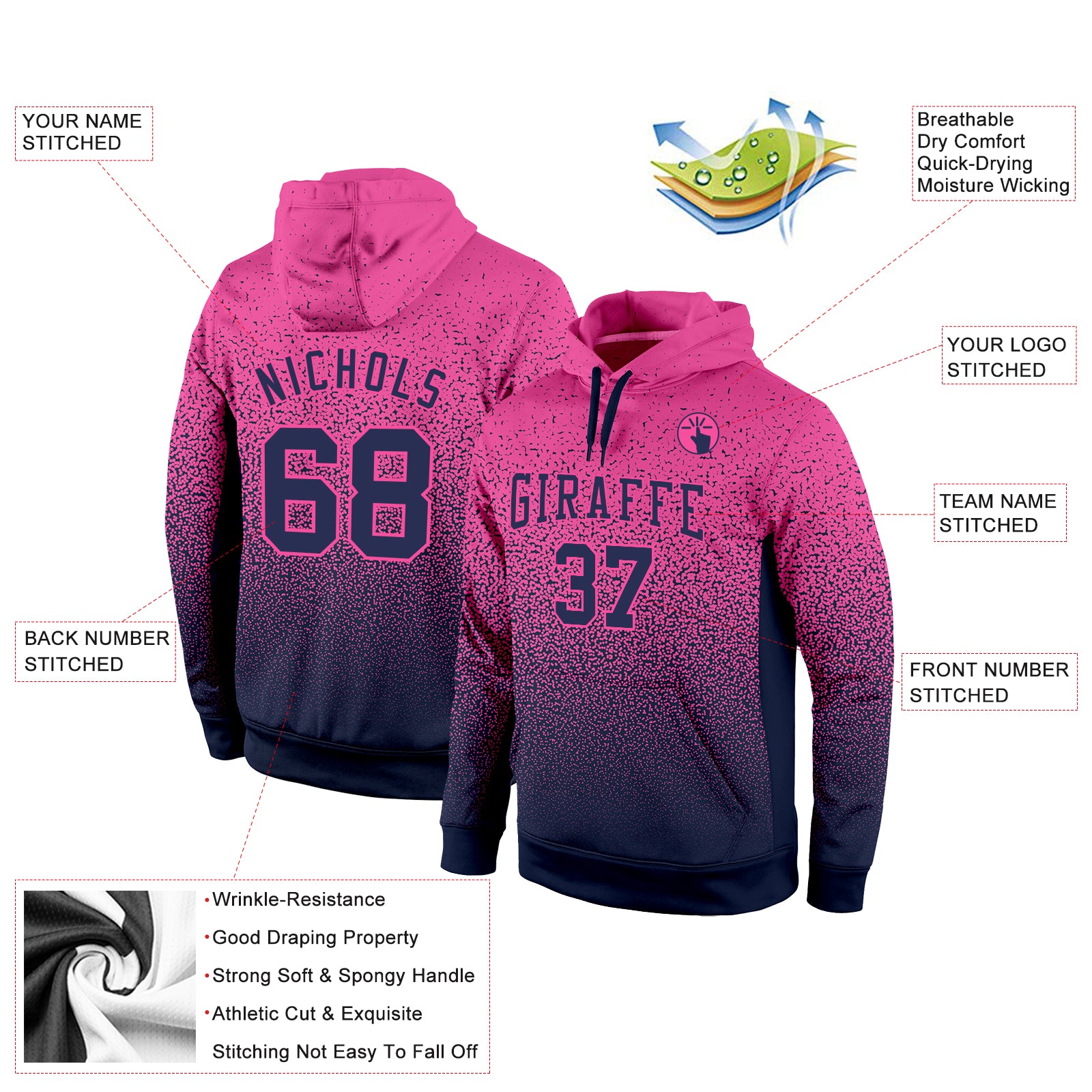 Personalized Stitched Pink Navy Fade Fashion Sports Pullover Sweatshirt Hoodie Team Custom Name and Number Custom Name Number Sports Pullover Hoodie Stitched Pink Navy Fashion Sweatshirt Personalized Stitched Pink Navy Fade Fashion - Image 2
