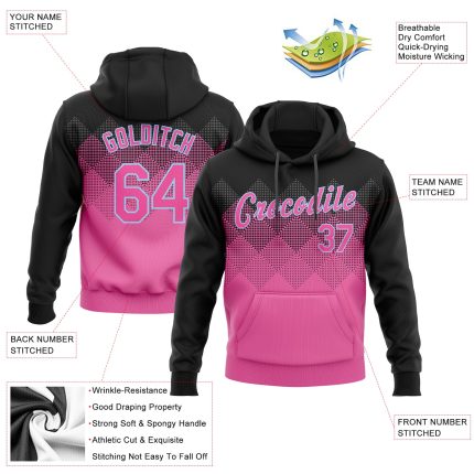 Custom 3D Pattern Sports Hoodie with Personalized Name & Number - Pink, Black & Light Blue Pullover Sweatshirt Personalized