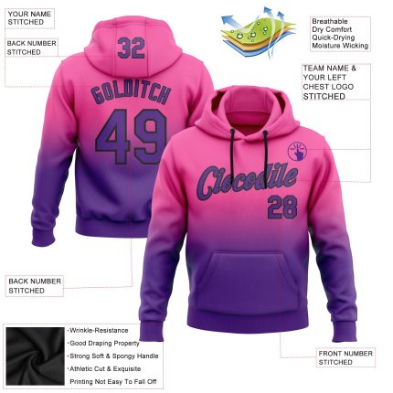 Custom Name and Number Pullover Hoodie for Sports, Personalized Pink Purple-Black Fade Fashion Sweatshirt Personalized Stitched