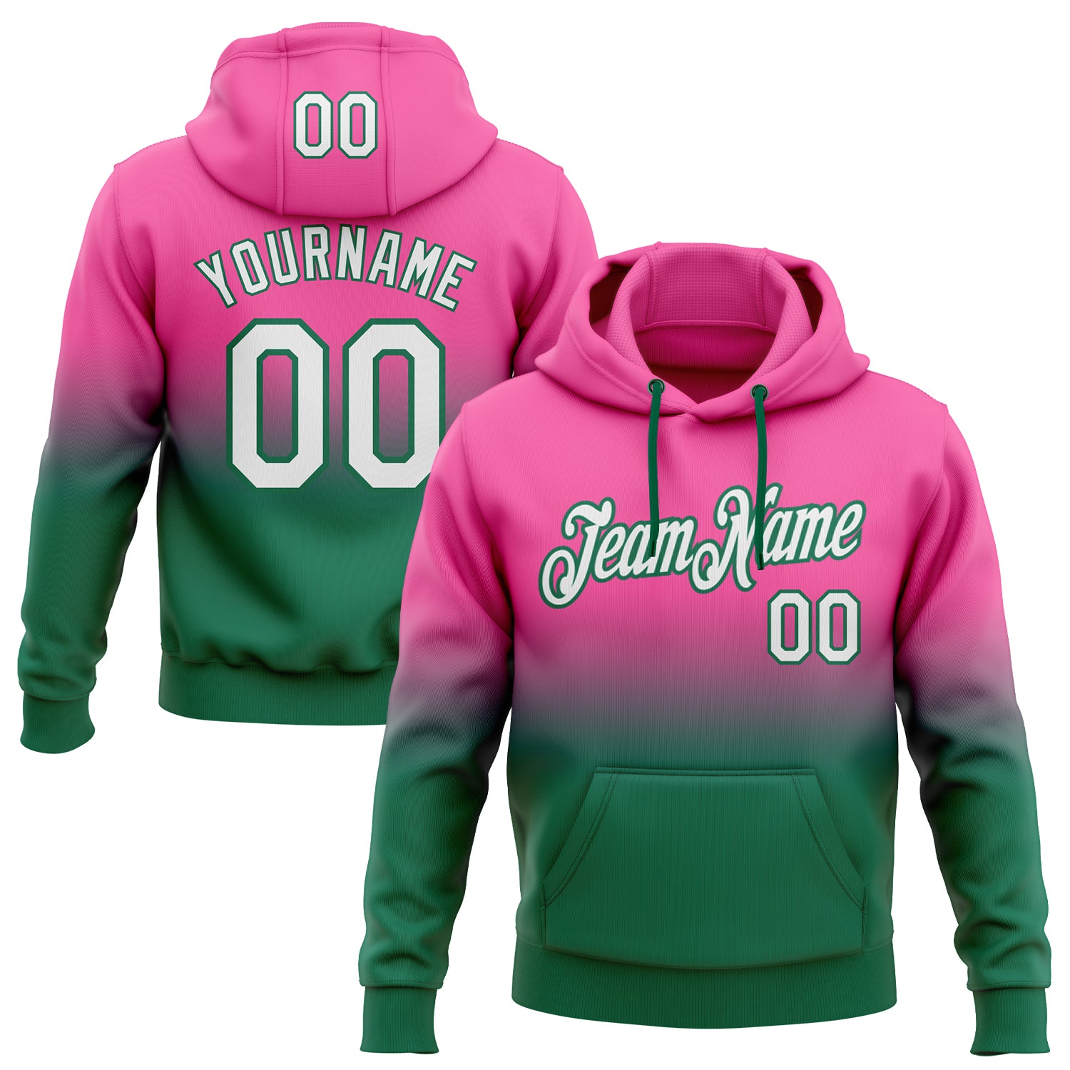 Custom Name Number Pullover Hoodie Sports Sweatshirt Pink White Kelly Green Fade Fashion Design - Personalized Team Apparel