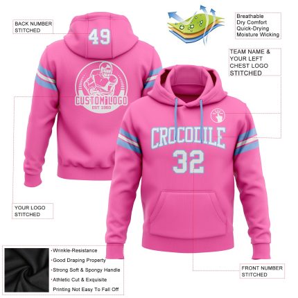 Custom Football Hoodie with Personalized Name and Number - Stitched Pink White-Light Blue Pullover Sweatshirt Personalized