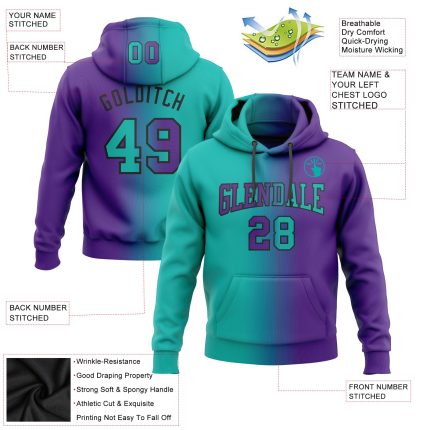 Custom Name Number Hoodie - Personalized Purple Aqua Black Gradient Pullover Sweatshirt for Sports Teams Personalized Stitched
