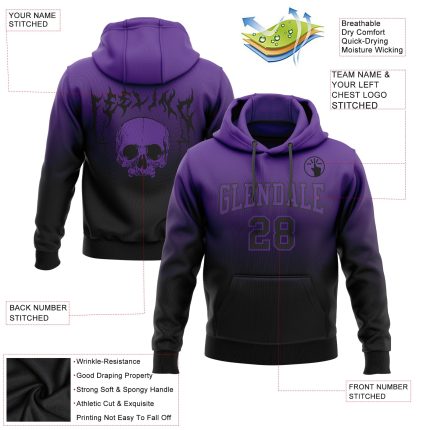 Personalized 3D Skull Hoodie Pullover Sweatshirt for Sports - Custom Team Name & Number in Purple and Black Personalized