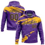 Custom Team Hoodie with Personalized Name and Number, 3D Torn Paper Design in Purple Black-Gold - Sports Pullover Sweatshirt