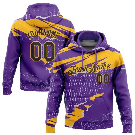 Custom Team Hoodie with Personalized Name and Number, 3D Torn Paper Design in Purple Black-Gold - Sports Pullover Sweatshirt