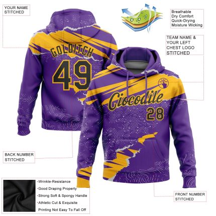 Custom Team Hoodie with Personalized Name and Number, 3D Torn Paper Design in Purple Black-Gold - Sports Pullover Sweatshirt