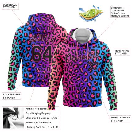 Custom Leopard Pattern Hoodie with Personalized Name & Number - Purple Black-Pink Sports Pullover Sweatshirt Personalized