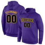 Custom Name and Number Sports Hoodie - Personalized Black-Gold Pullover Sweatshirt with Purple Black Pinstripe Design Personalized