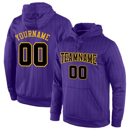 Custom Name and Number Sports Hoodie - Personalized Black-Gold Pullover Sweatshirt with Purple Black Pinstripe Design Personalized