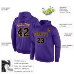 Custom Name and Number Sports Hoodie - Personalized Black-Gold Pullover Sweatshirt with Purple Black Pinstripe Design Personalized