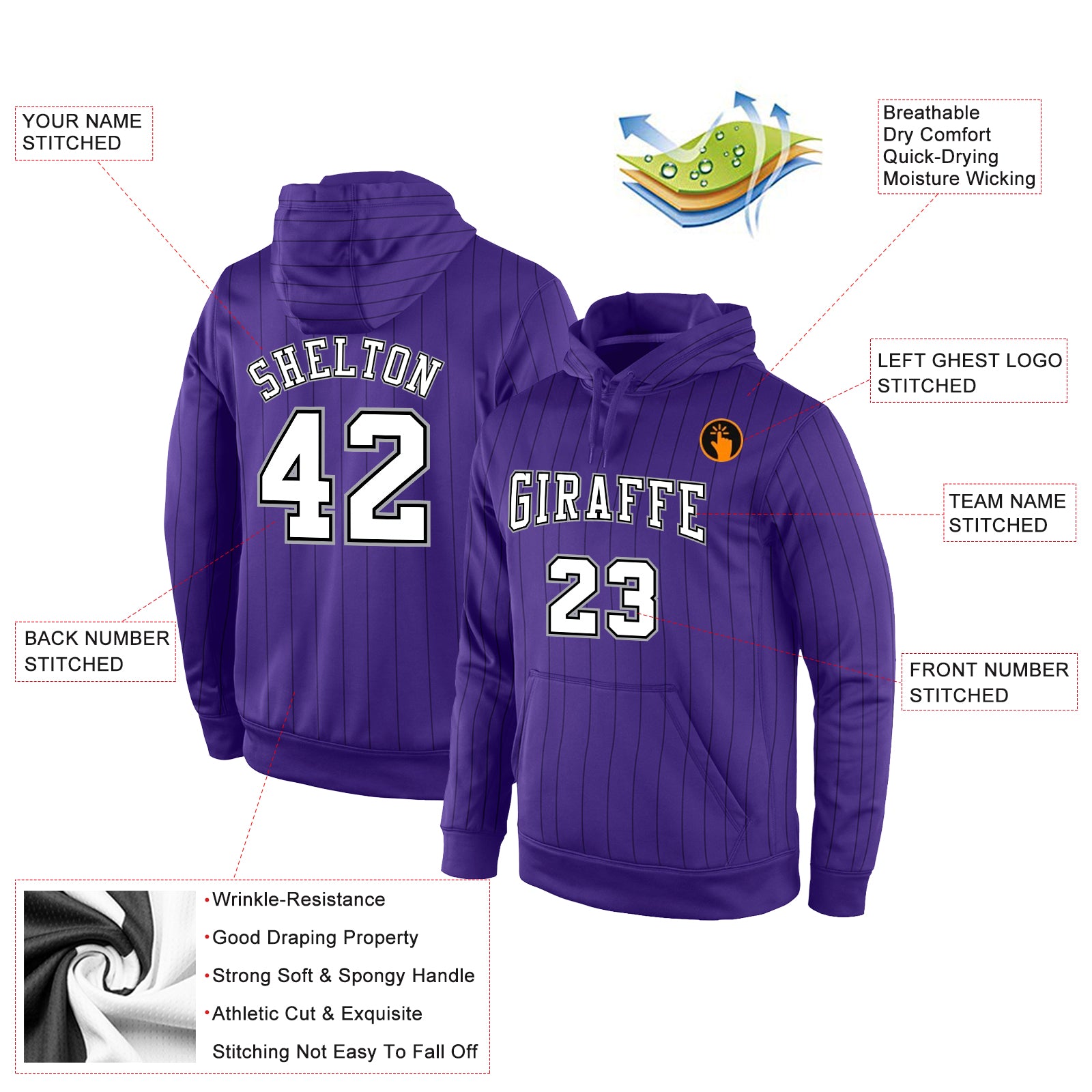 Personalized Stitched Purple Black Pinstripe White-Gray Sports Pullover Sweatshirt Hoodie Team Custom Name and Number Custom Name Number Sports Hoodie Purple Black Pinstripe Stitched Pullover Sweatshirt for Team - Personalized White Gray Personalized - Image 2