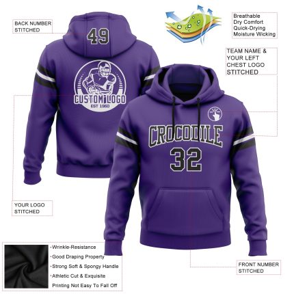 Custom Purple Black-White Football Hoodie with Name and Number - Personalized Stitched Pullover Sweatshirt Personalized Stitched