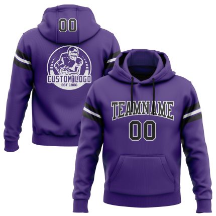 Custom Purple Black-White Football Hoodie with Name and Number - Personalized Stitched Pullover Sweatshirt Personalized Stitched