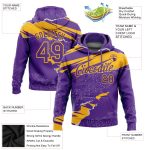 Custom Name and Number Sports Hoodie, Personalized 3D Pattern Torn Paper Style Pullover Sweatshirt in Purple and Gold Personalized