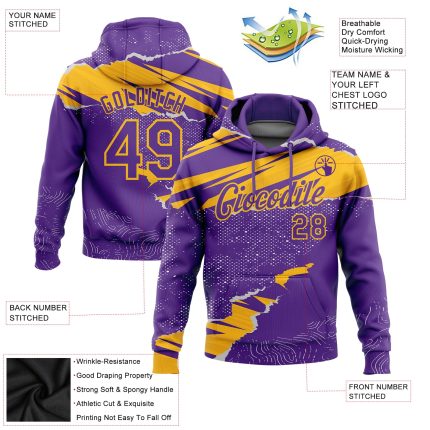 Custom Name and Number Sports Hoodie, Personalized 3D Pattern Torn Paper Style Pullover Sweatshirt in Purple and Gold Personalized