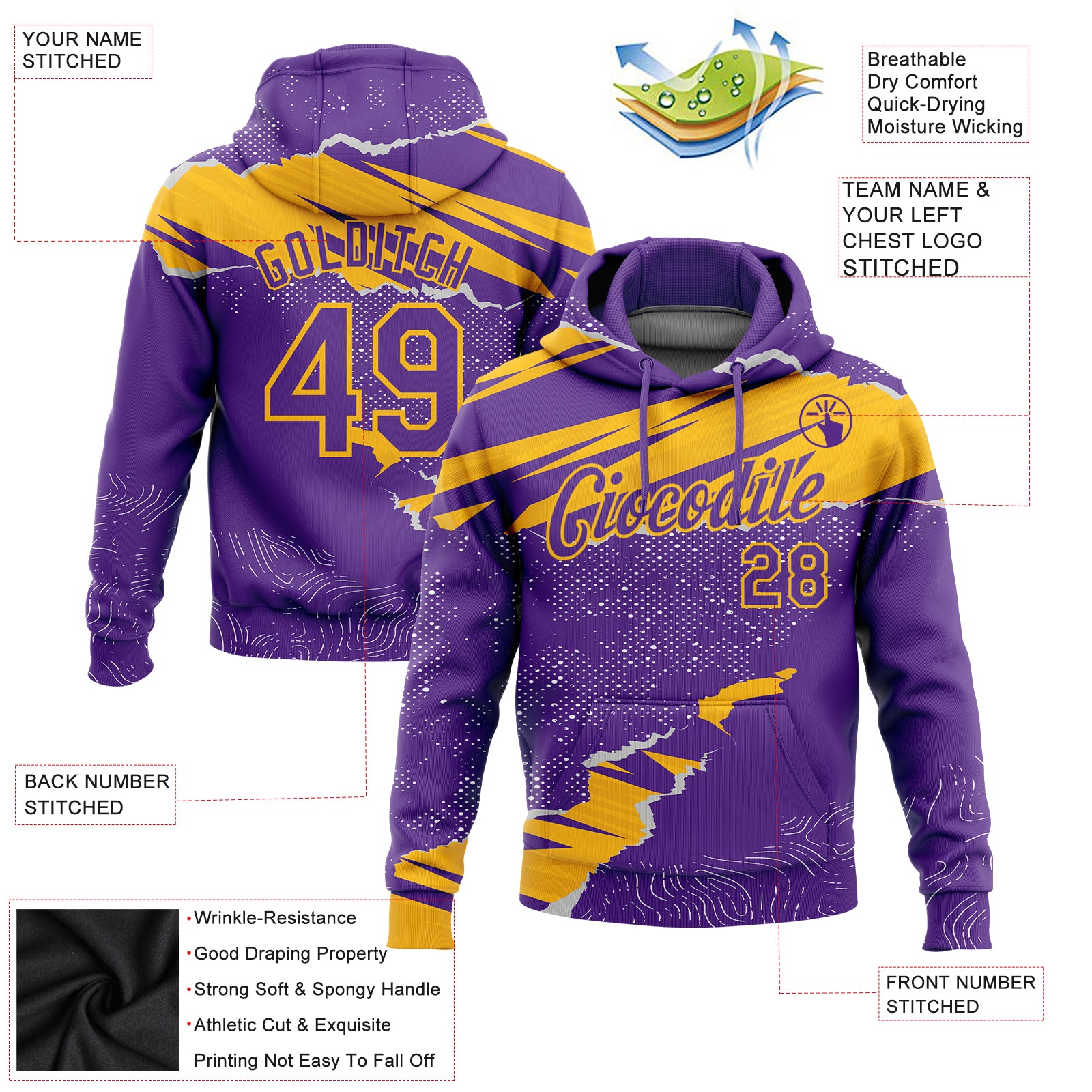 Personalized Stitched Purple Gold 3D Pattern Design Torn Paper Style Sports Pullover Sweatshirt Hoodie Team Custom Name and Number Custom Name and Number Sports Hoodie, Personalized 3D Pattern Torn Paper Style Pullover Sweatshirt in Purple and Gold Personalized - Image 2