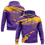 Custom Name and Number Sports Hoodie, Personalized 3D Pattern Torn Paper Style Pullover Sweatshirt in Purple and Gold Personalized