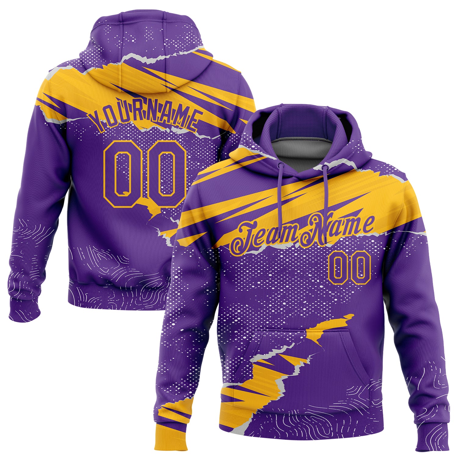 Custom Name and Number Sports Hoodie, Personalized 3D Pattern Torn Paper Style Pullover Sweatshirt in Purple and Gold Personalized