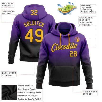 Custom Name Number Sports Hoodie Pullover Sweatshirt in Purple Gold-Black Fade Fashion Design Personalized Stitched Purple