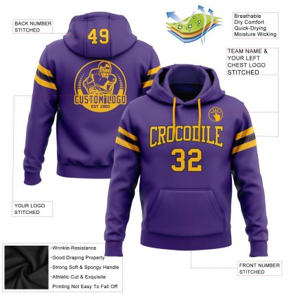 Custom Purple Gold Black Football Hoodie with Name and Number - Personalized Stitched Pullover Sweatshirt Personalized Stitched