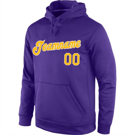 Custom Sports Hoodie with Personalized Name and Number - Purple Gold-White Stitched Pullover Sweatshirt Personalized Stitched