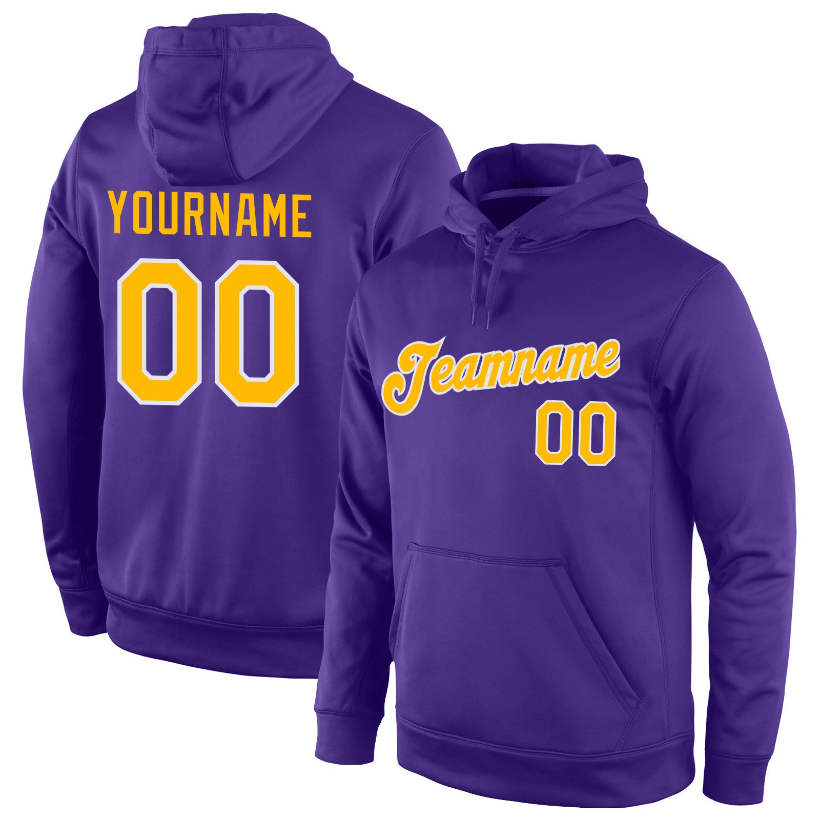 Custom Sports Hoodie with Personalized Name and Number - Purple Gold-White Stitched Pullover Sweatshirt Personalized Stitched