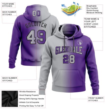 Custom Name Number Pullover Hoodie Sports Sweatshirt Gradient Purple Gray Black Fashion Apparel Personalized Stitched Purple
