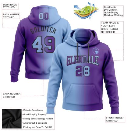 Custom Name Number Pullover Hoodie for Team - Personalized Purple Light Blue-Black Gradient Fashion Sports Sweatshirt Personalized