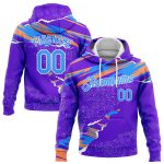 Custom Name and Number Sports Hoodie - 3D Pattern Design in Purple, Light Blue, Orange & White - Personalized Pullover Sweatshirt