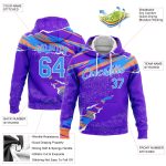 Custom Name and Number Sports Hoodie - 3D Pattern Design in Purple, Light Blue, Orange & White - Personalized Pullover Sweatshirt