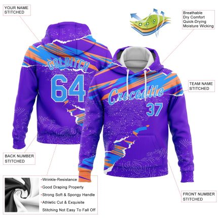 Custom Name and Number Sports Hoodie - 3D Pattern Design in Purple, Light Blue, Orange & White - Personalized Pullover Sweatshirt