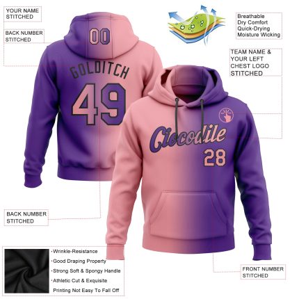 Custom Name and Number Sports Hoodie, Purple Pink-Black Gradient Stitched Pullover Sweatshirt, Medium Size Personalized Stitched