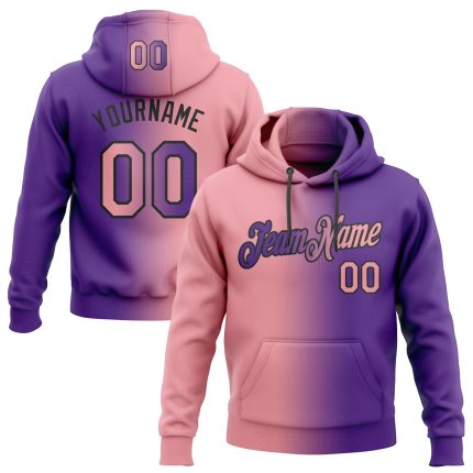 Custom Name and Number Sports Hoodie, Purple Pink-Black Gradient Stitched Pullover Sweatshirt, Medium Size Personalized Stitched