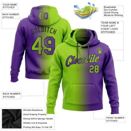 Custom Name Number Gradient Sports Pullover Hoodie Sweatshirt in Purple Neon Green Black - Personalized Fashion Apparel Personalized