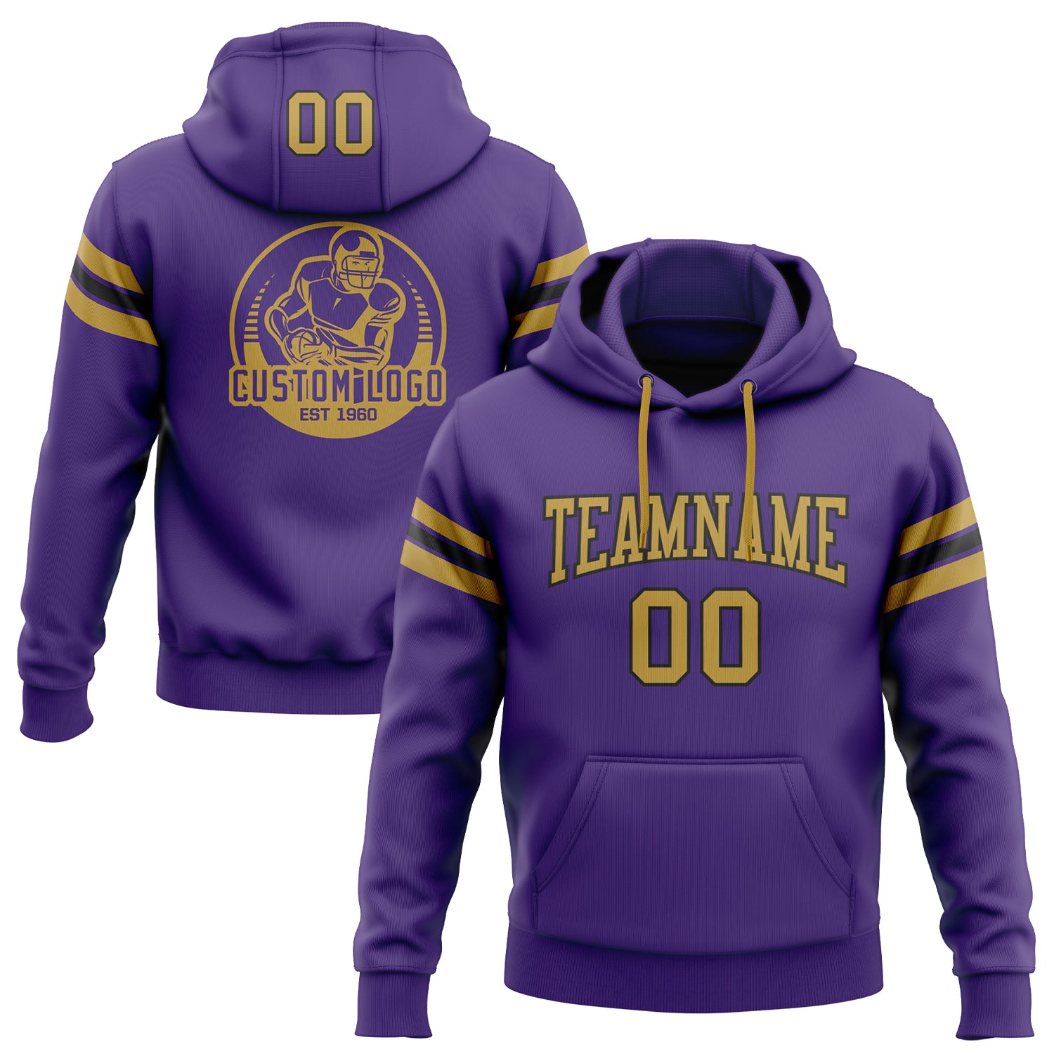 Custom Purple Gold Black Football Hoodie Personalized with Name and Number - Stitched Pullover Sweatshirt Personalized Stitched