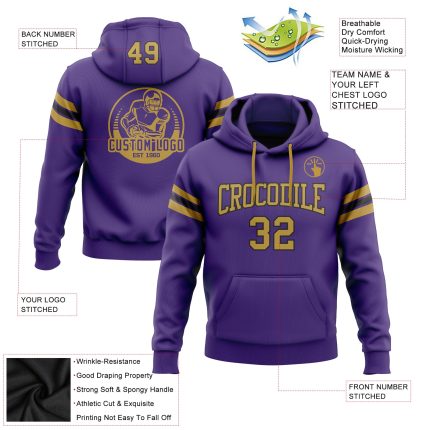 Custom Purple Gold Black Football Hoodie Personalized with Name and Number - Stitched Pullover Sweatshirt Personalized Stitched