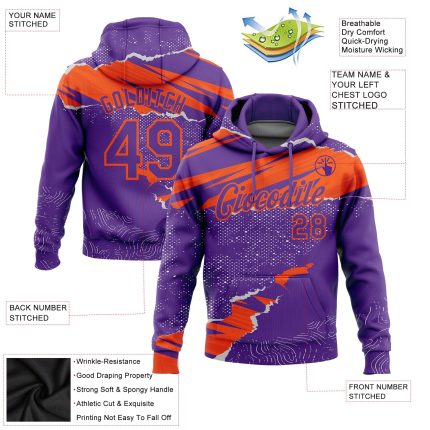 Custom Name & Number Sports Pullover Hoodie with 3D Torn Paper Design - Personalized Stitched Purple & Orange Sweatshirt