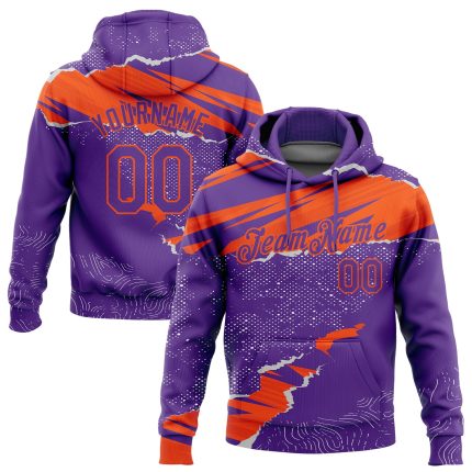 Custom Name & Number Sports Pullover Hoodie with 3D Torn Paper Design - Personalized Stitched Purple & Orange Sweatshirt