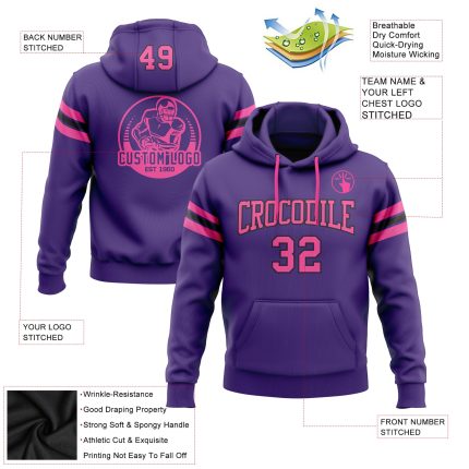 Custom Name Number Football Pullover Hoodie Sweatshirt in Stitched Purple Pink-Black for Team Spirit Personalized Stitched