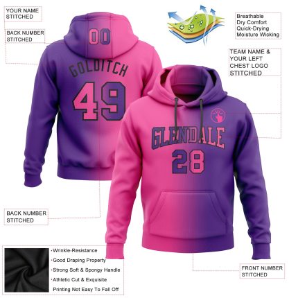 Custom Name & Number Pullover Hoodie - Personalized Purple Pink-Black Gradient Sports Sweatshirt Personalized Stitched Purple
